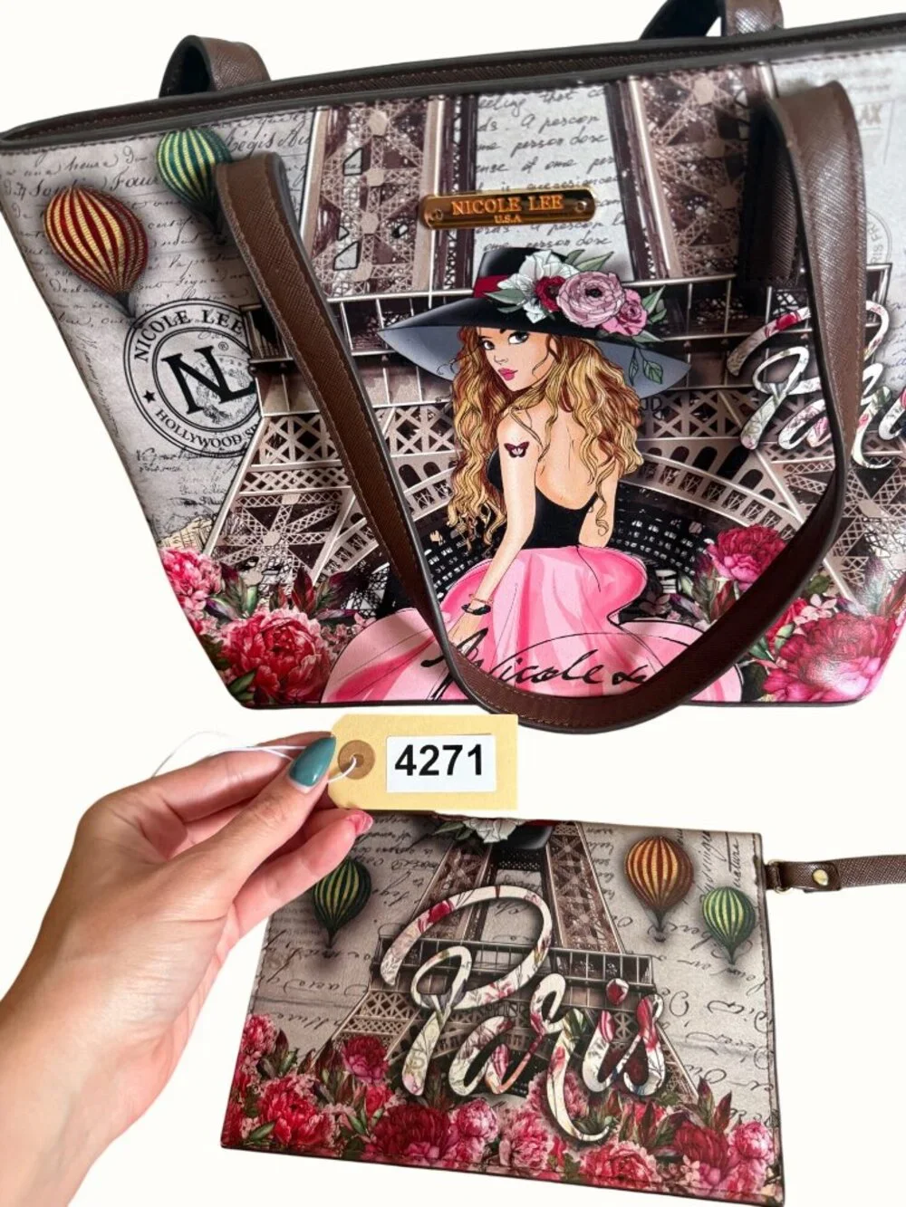 Nicole Lee Paris Print Tote Wristlet Set Eiffel Tower Design Brown Handles